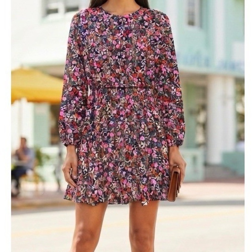 Draper James Large Floral Long Sleeve Mini Dress Womens Navy Blue